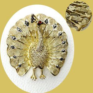 Vintage Alice Caviness Sterling Silver Filigree Marcasite Peacock Brooch Pin